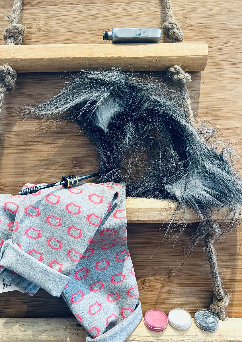 Puschelohren-Haarreif aus grau-weißem haarigem Fellimitat - Kombi mit Katzenleggings LANI