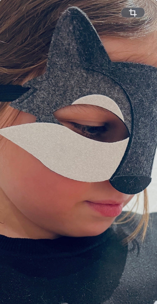 Kind trägt grau-weiße Filzmaske zu Fasching - bequeme Alternative zu Schminke - gestylt als Waschbär
