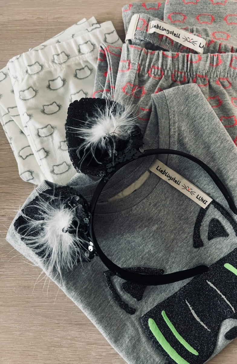 Halloween-Katzenohren-Outfit-Set schwarz mit Pailletten für Kinder-Kostüm