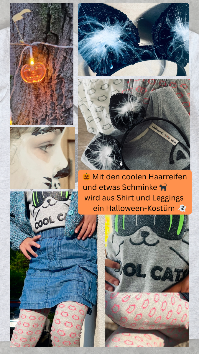 Outfit-Vergleich Kinder: normaler Look vs Halloween Creepy Cool Cat mit Katzenohren-Haarreif